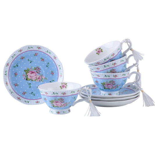 London Boutique Tea cup and Saucer set 4 Afternoon Tea Set Shabby Chic Vintage porcelain Bird Butterfly Flora Gift Box (Rose Blue)