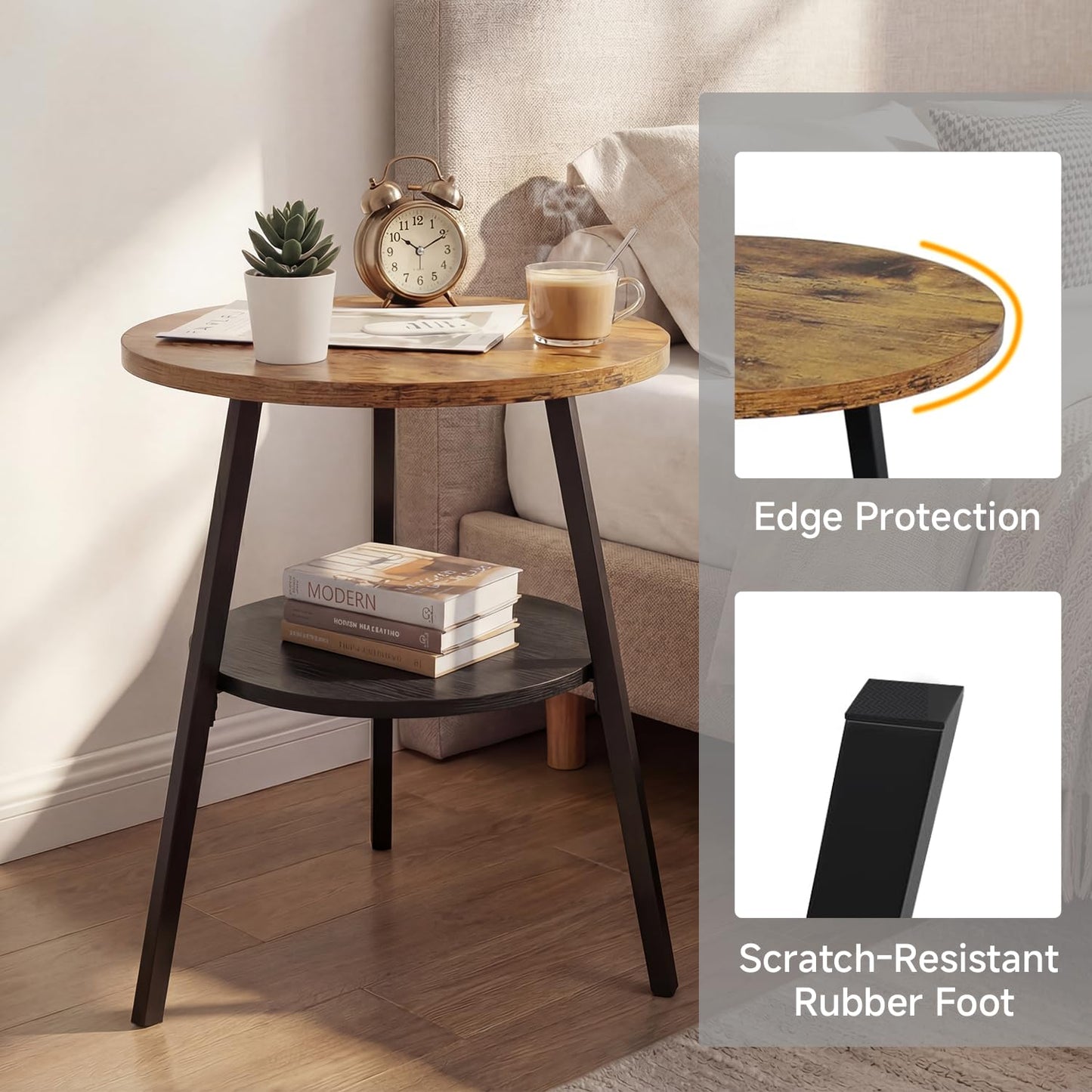 Small Round Side Table, 2-Tier Coffee Table with Storage Shelf