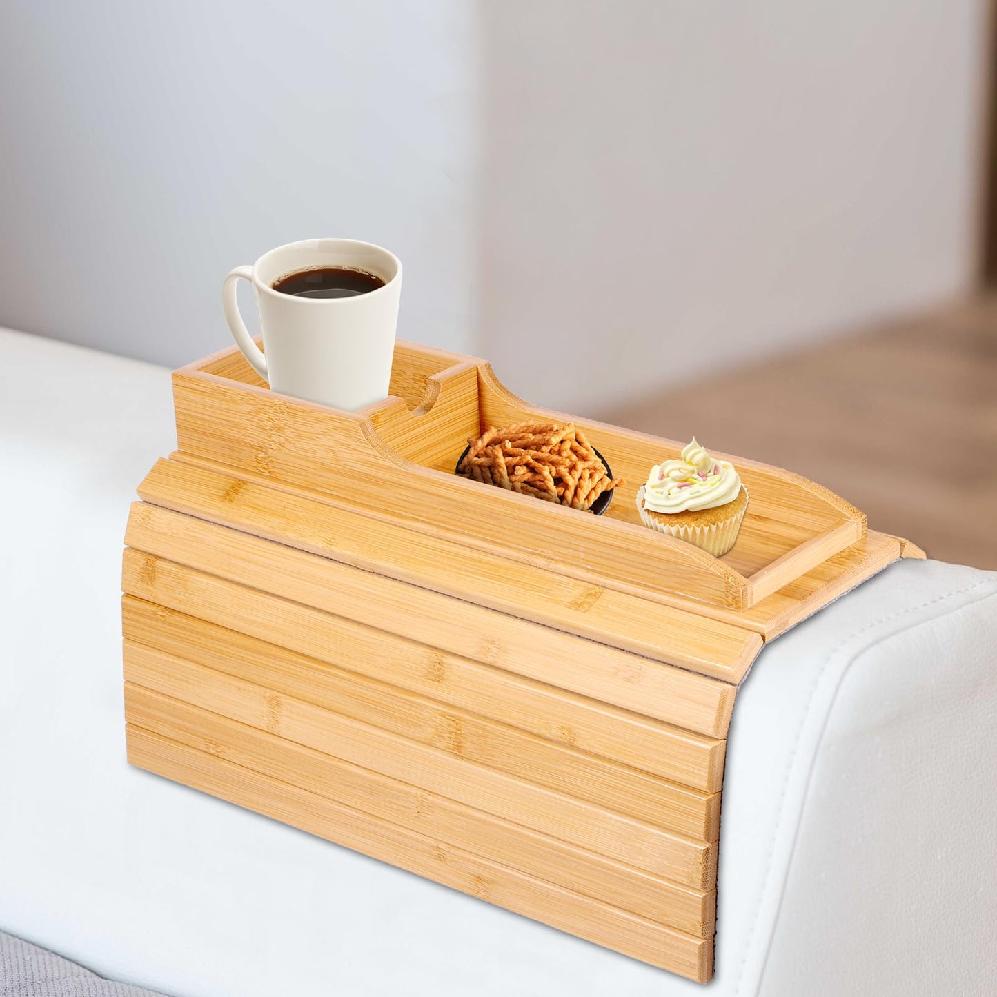 YUNYOUC Couch Arm Tray, Bamboo Sofa Table for Couch, Foldable Sofa Arm Tray with Cup Holder, Non-Slip Armrest Organizer for Drink, Cup, Snack, Control
