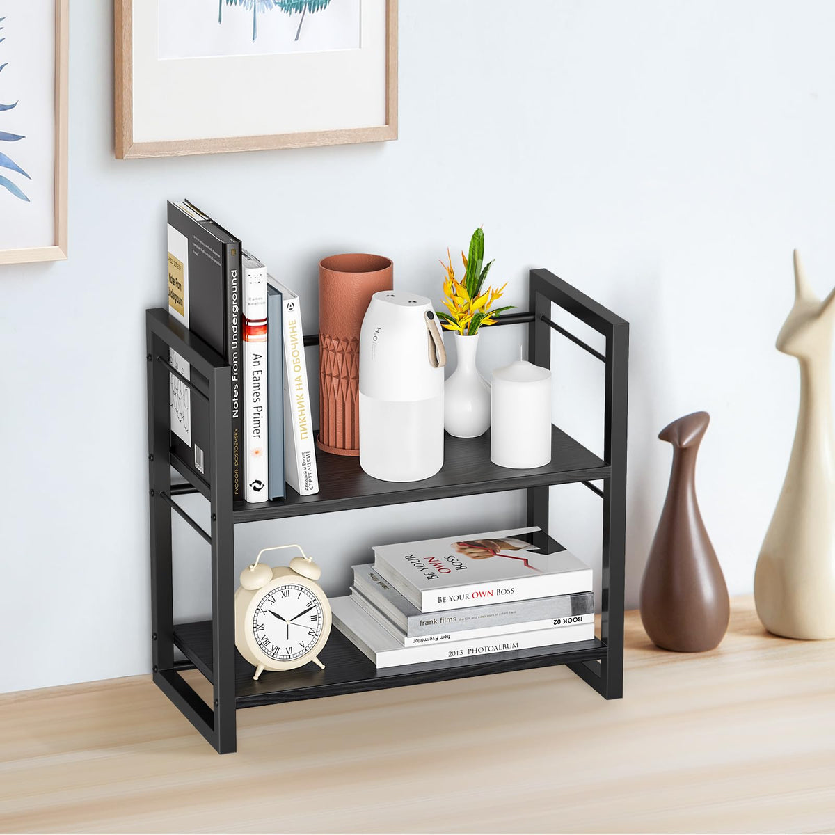 THYGIFTREE Office Desk Shelf Organizer, Wood Desktop Bookshelf Supplies Storage Rack, Shelf for Top of Desk and Dresser All Black