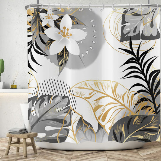 ASDCXZ Shower Curtain Black Gold Leaves 180x180 cm, Abstract White Flowers Tropical Leaves Washable Bath Shower Curtains Waterproof Polyester Textile