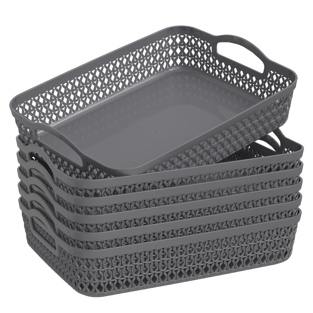 Lesbye Large Plastic Storage Tray Baskets, 6-Pack, Plastic Basket Trays, Grey