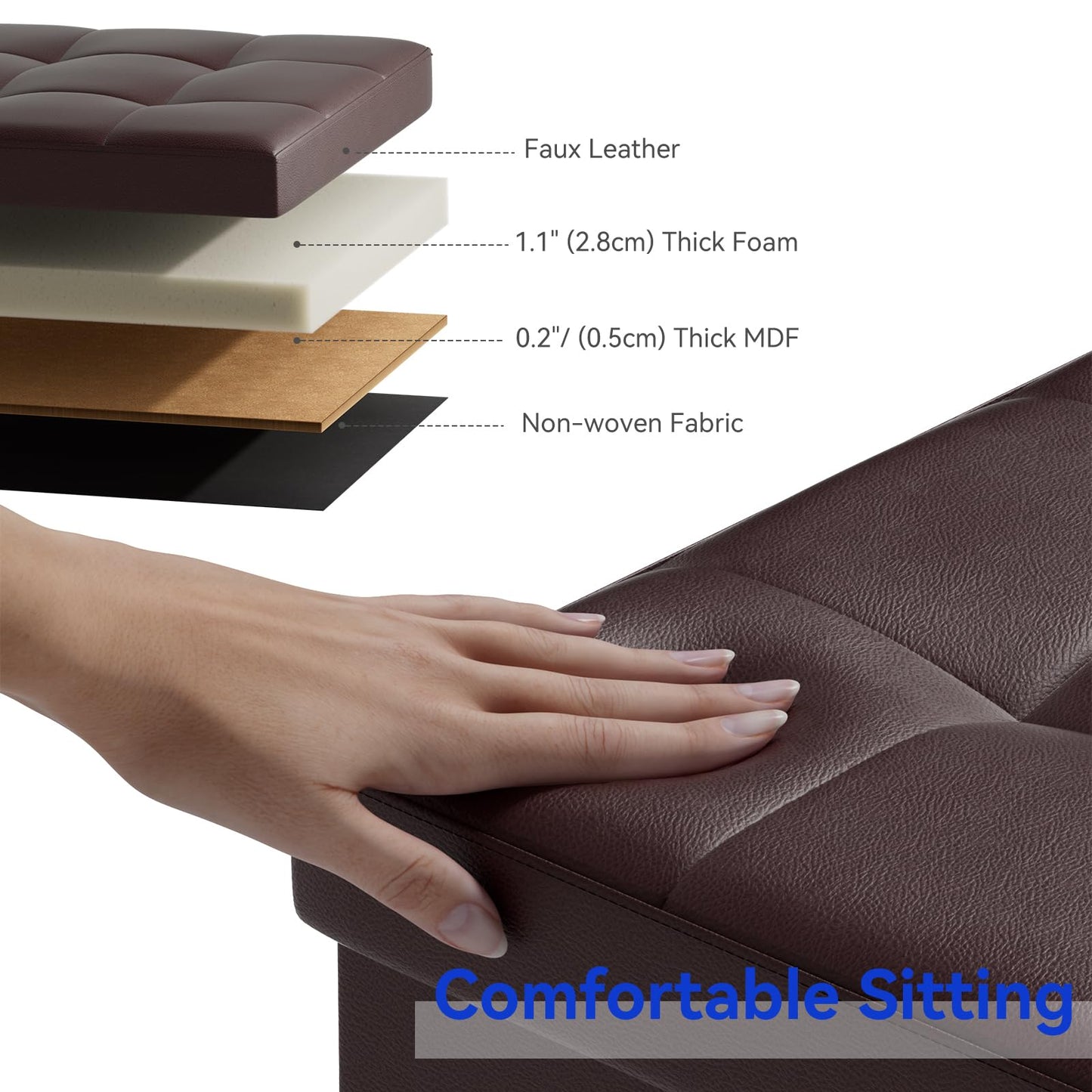 BRIAN & DANY Folding Storage Ottoman, Faux Leather Cube Foot Rest Stool with Cover, Storage Chest with Highly Elastic Sponge Filling, Brown
