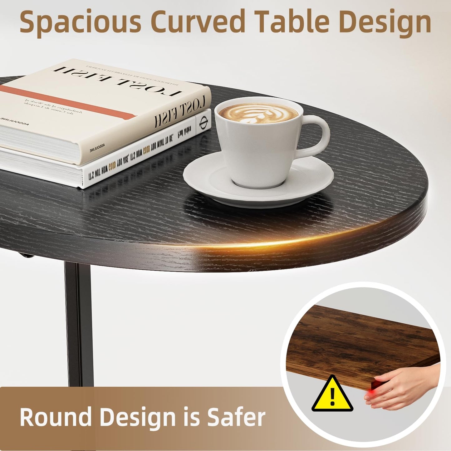 Mutool C Shaped Side Table, Foldable Round Sofa Table with Metal Frame, Small Coffee Table for Living Room Bedroom Office, Black