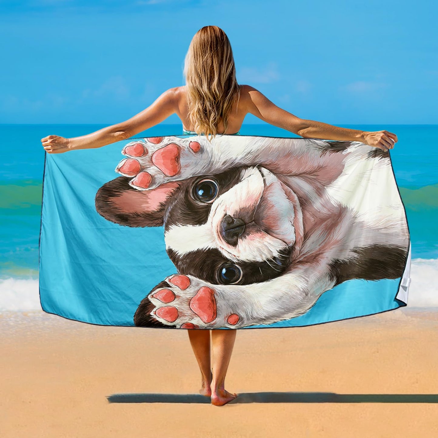Violetpos Boston Terrier Beach Towel for Dog Lovers, Extra Large 180x90 cm 250GSM Microfibre, Sand Free Quick Dry