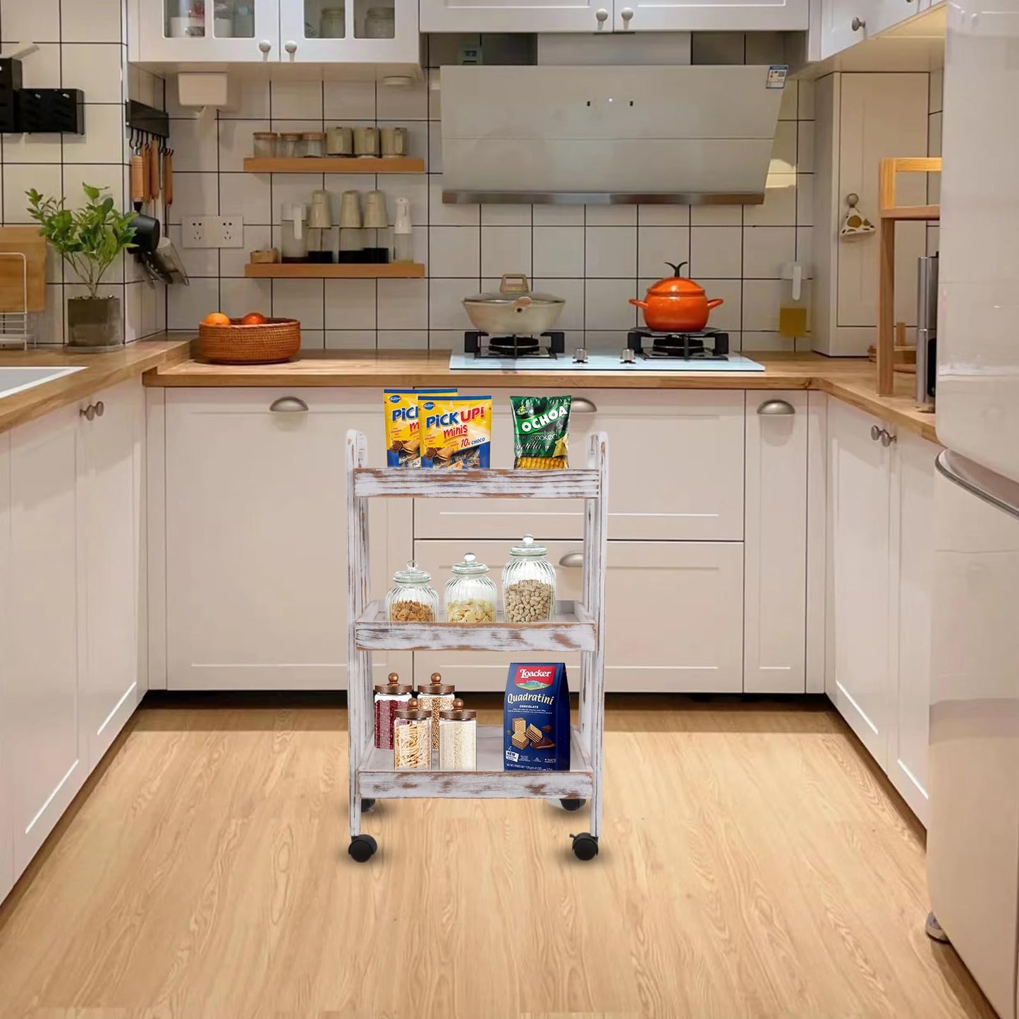 lamde 3-Tier Wooden Rolling Cart- Wooden Utility Cart wit Wheels- Utility Rolling Cart-Storage Trolley Organizer- Rolling Kitchen Cart Serving Cart
