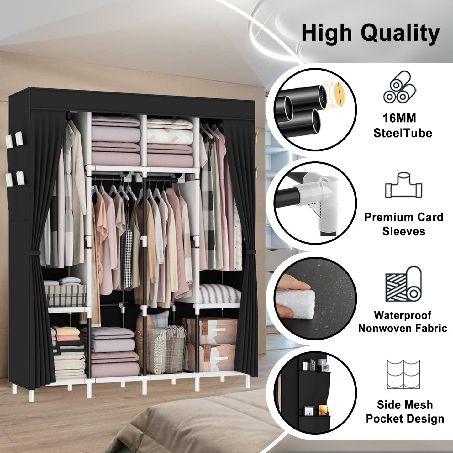 OPPAIYA Extra Large Canvas Wardrobe, Heavy Duty Triple Fabric Wardrobes for Bedroom,165 x 165 x 45 cm, 4 Hanging Rails, 4 Compartments