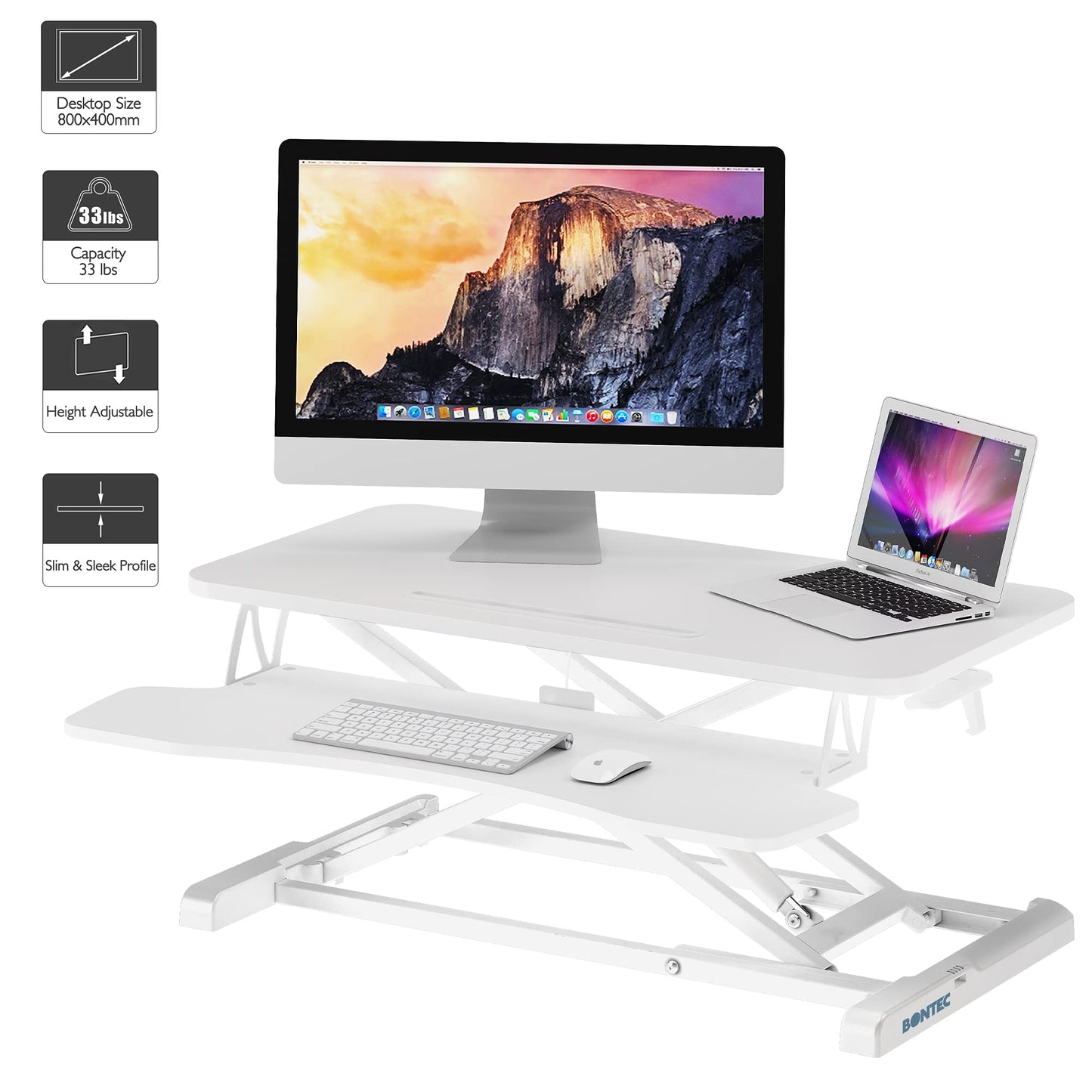BONTEC 80cm Standing Desk Converter, Dual-Tier Height Riser, 15kg, White
