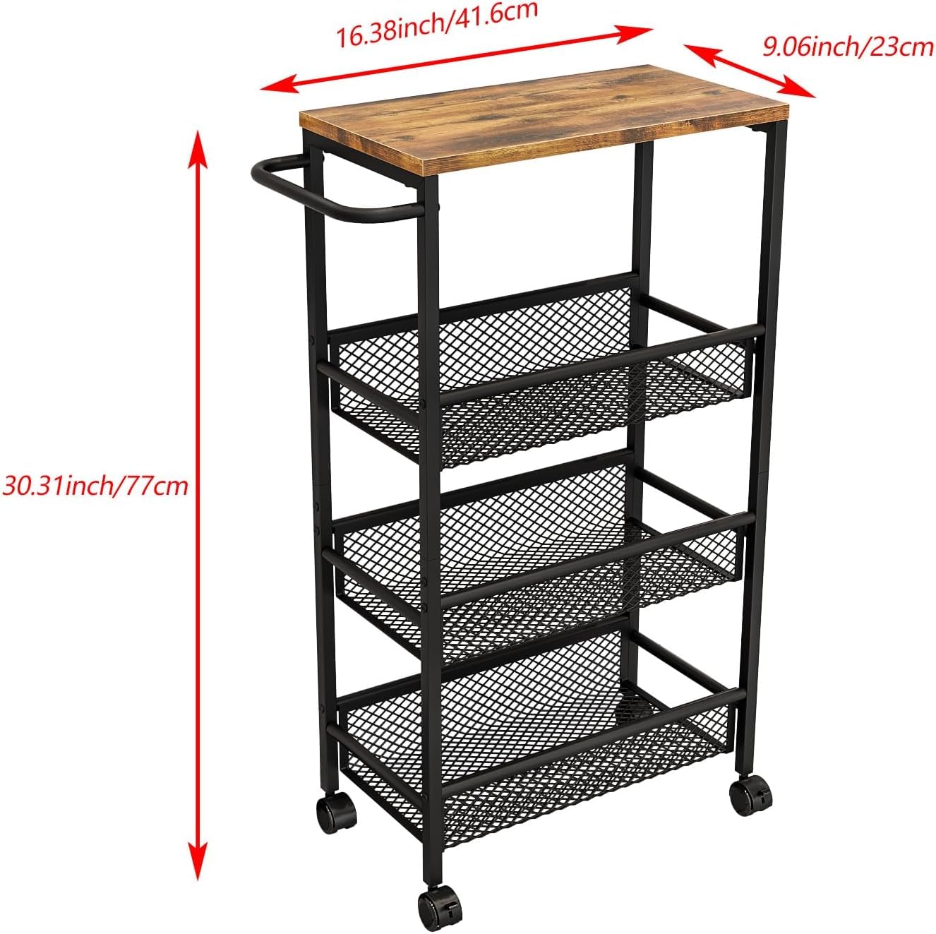 Dazioter Slim Rolling Cart 4 Tier Narrow Storage Cart on Wheels with MDF Board Top and Metal Handle for Small Space Kitchen Living Room Home Office