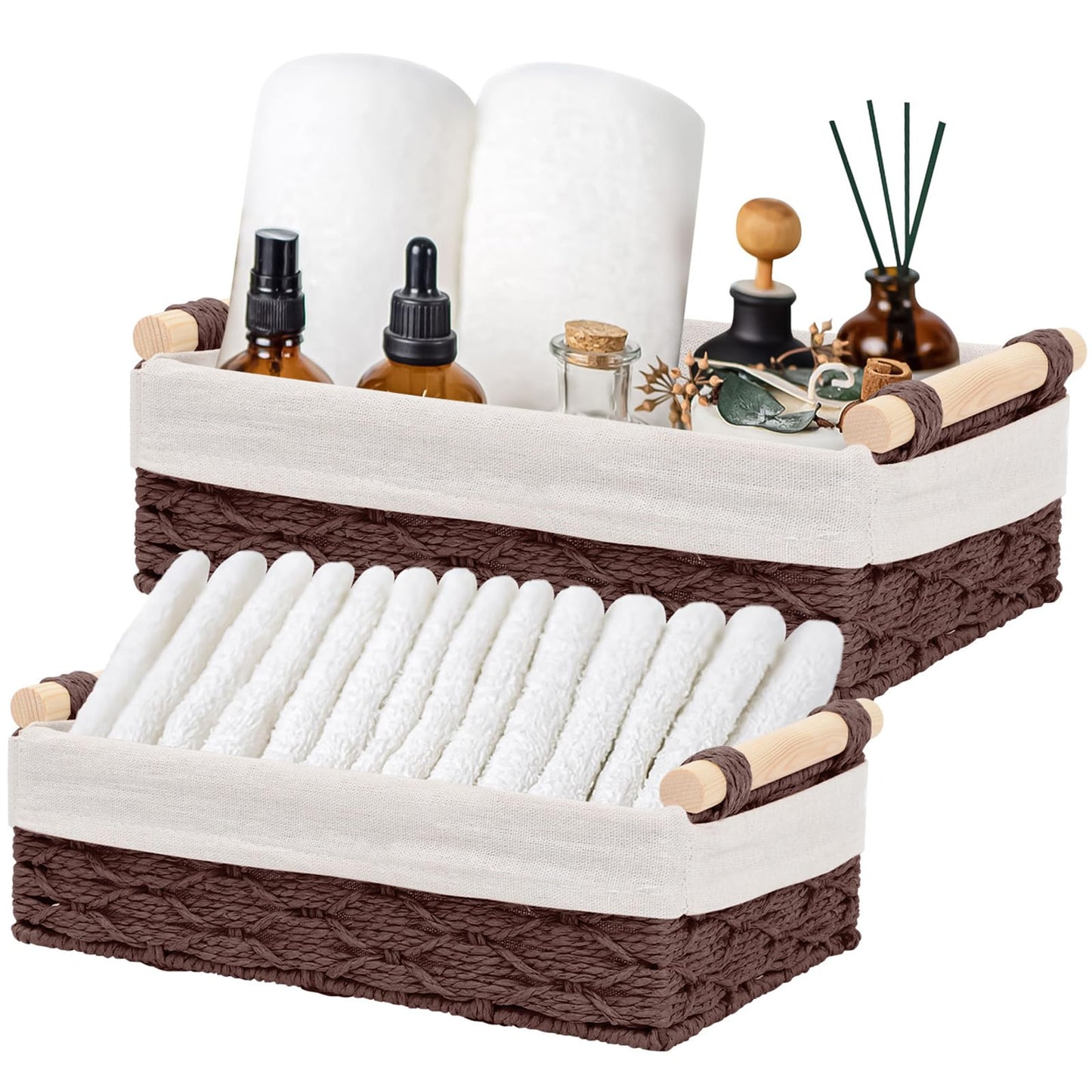2 Pack Storage Baskets, Storage baskets for Shelves, Storage Box Organiser, Wicker Hamper Basket, Woven Storage Basket, Bathroom Storage Organiser