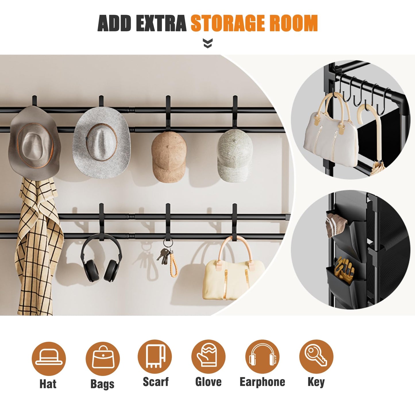 OYREL 5 Tier Shoe Rack with 8 Hooks & 3 Side Pockets for 20-25 Pairs Shoes