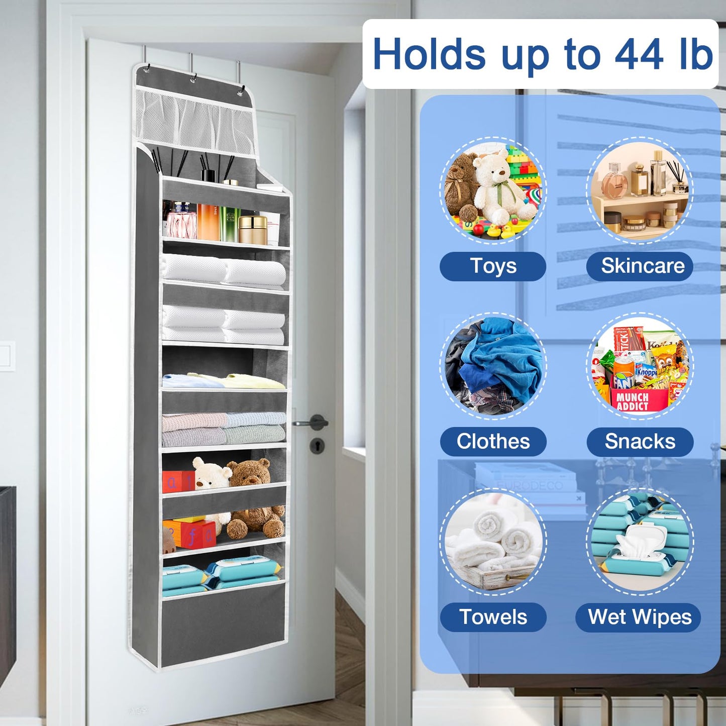 HONZUEN Over Door Hanging Organiser, Back of the Door Storage with 5 Large Shelves & 3 Mesh Pockets, Transparent Windows, Reinforced Hooks