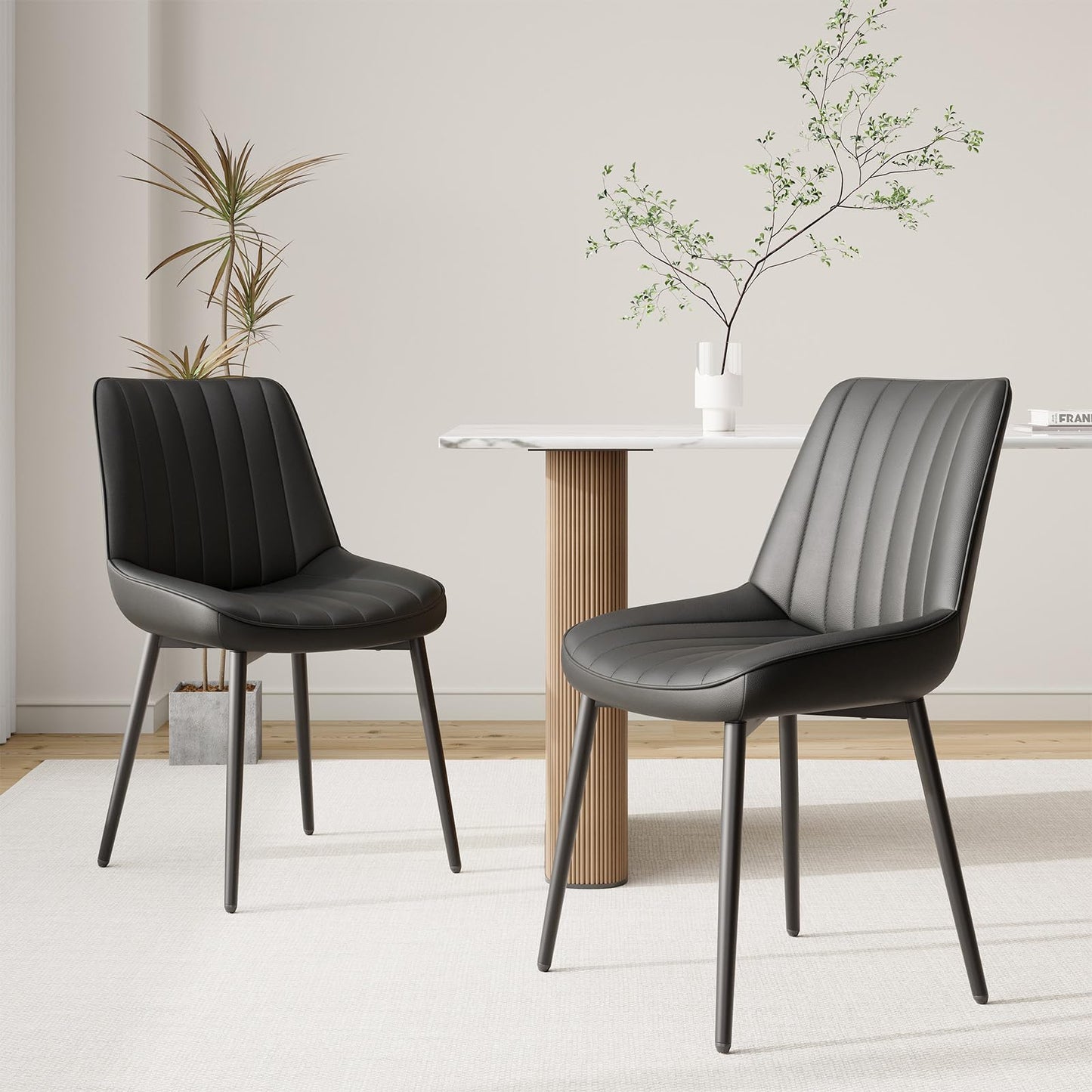 COLAMY Black Dining Chairs Set of 2,Technology Fabric Chairs for Dining Room with Metal Legs and Thick Seat Cushion