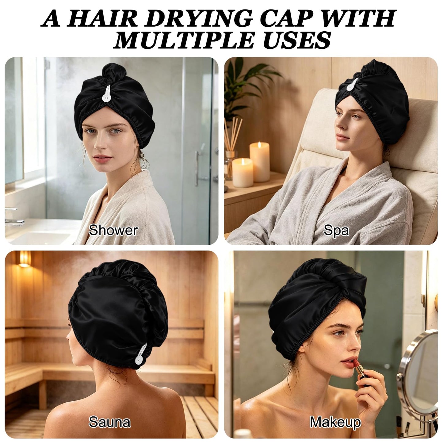 Lkw Ogechi Double Layer Microfiber Satin Hair Drying Towel Wrap 70x25cm with Button, Soft and Anti Frizz Hair Turban Towels