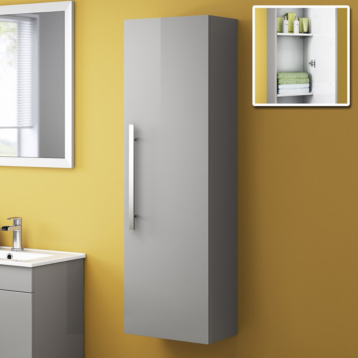 iBathUK Tall Modern Bathroom Cabinet Storage Furniture Unit Wall Hung Cupboard Shelving Grey 1200 mm MF840