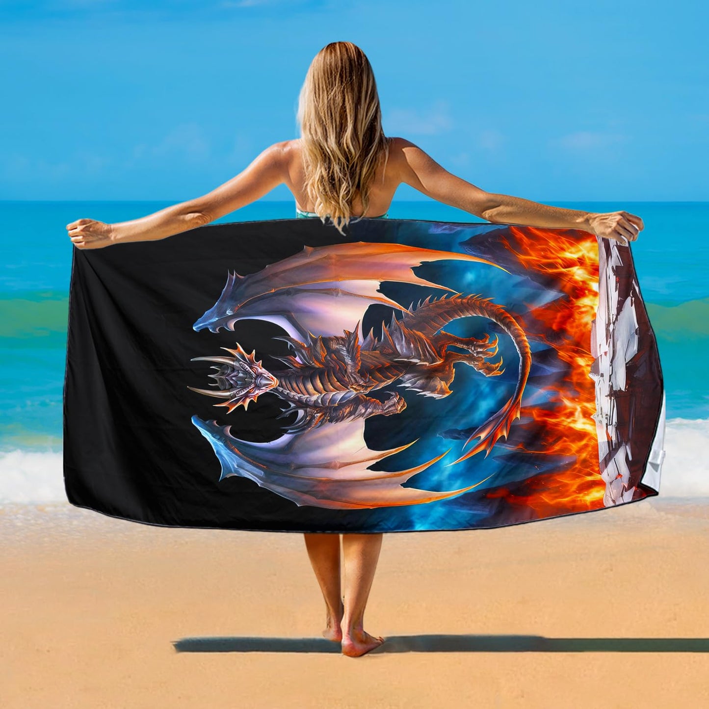 Violetpos Fire Dragon Beach Towel, Extra Large 180x90 cm 250GSM Microfibre, Sand Free Quick Dry