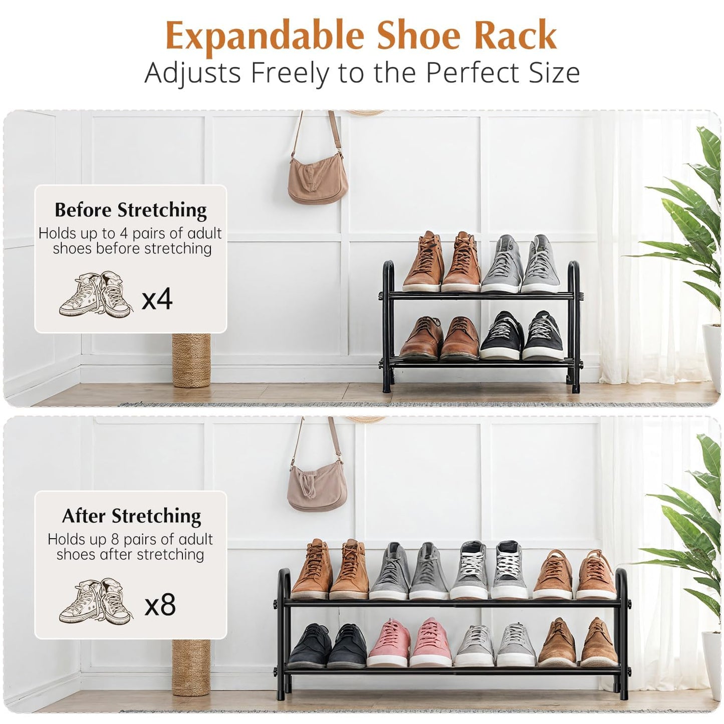 YUWHFEI Extendable Shoe Rack, 2 Tier Small Shoe Racks Adjustable Metal, Black Shoe Storage Organiser for Hallway, Inside Wardrobe, Closet, Bedroom