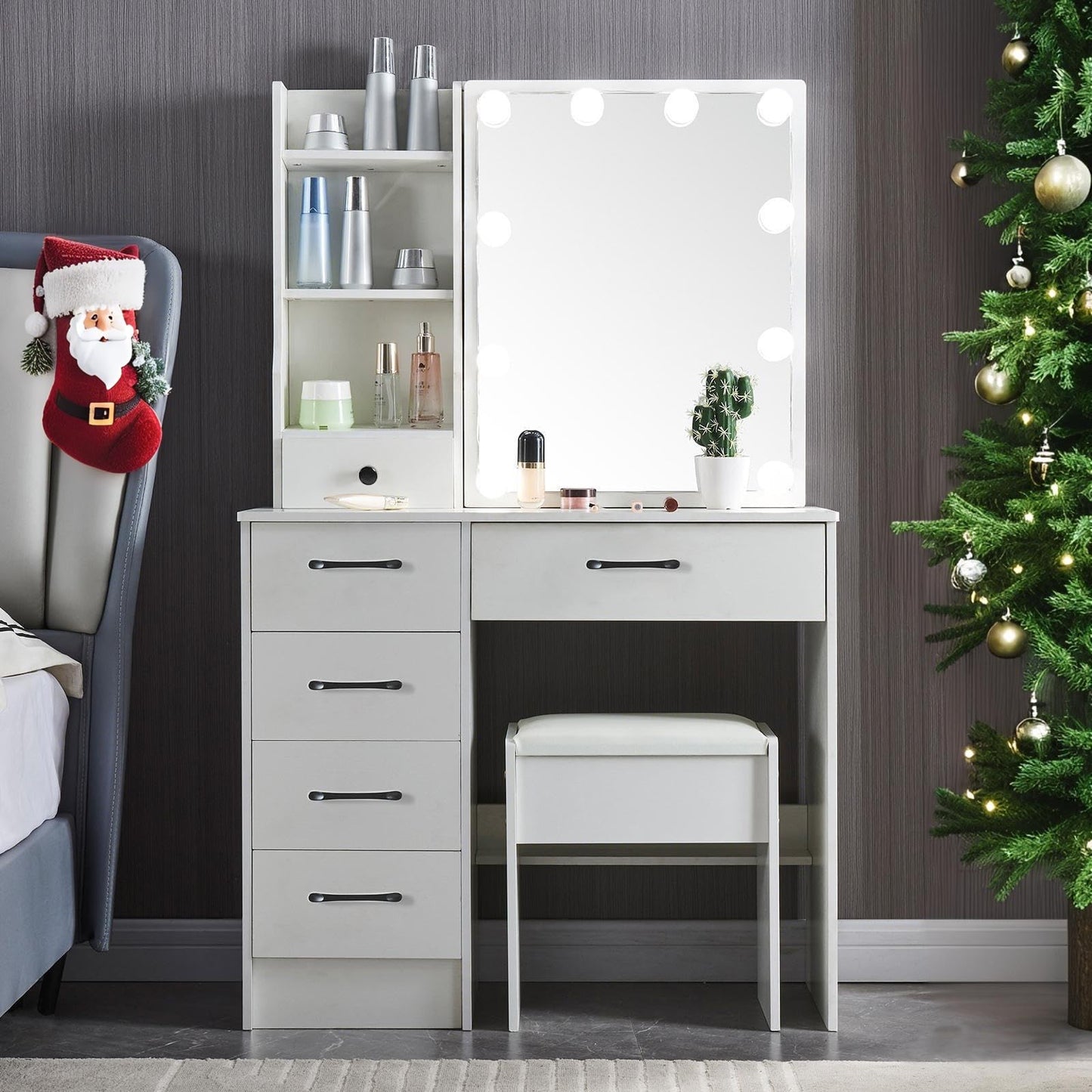 Saihemei Dressing Table with LED Light Bulbs, 3 Light Colors and Brightness Adjustable, Vanity Desk with Mirror and Drawers, Makeup Desk with Shelves