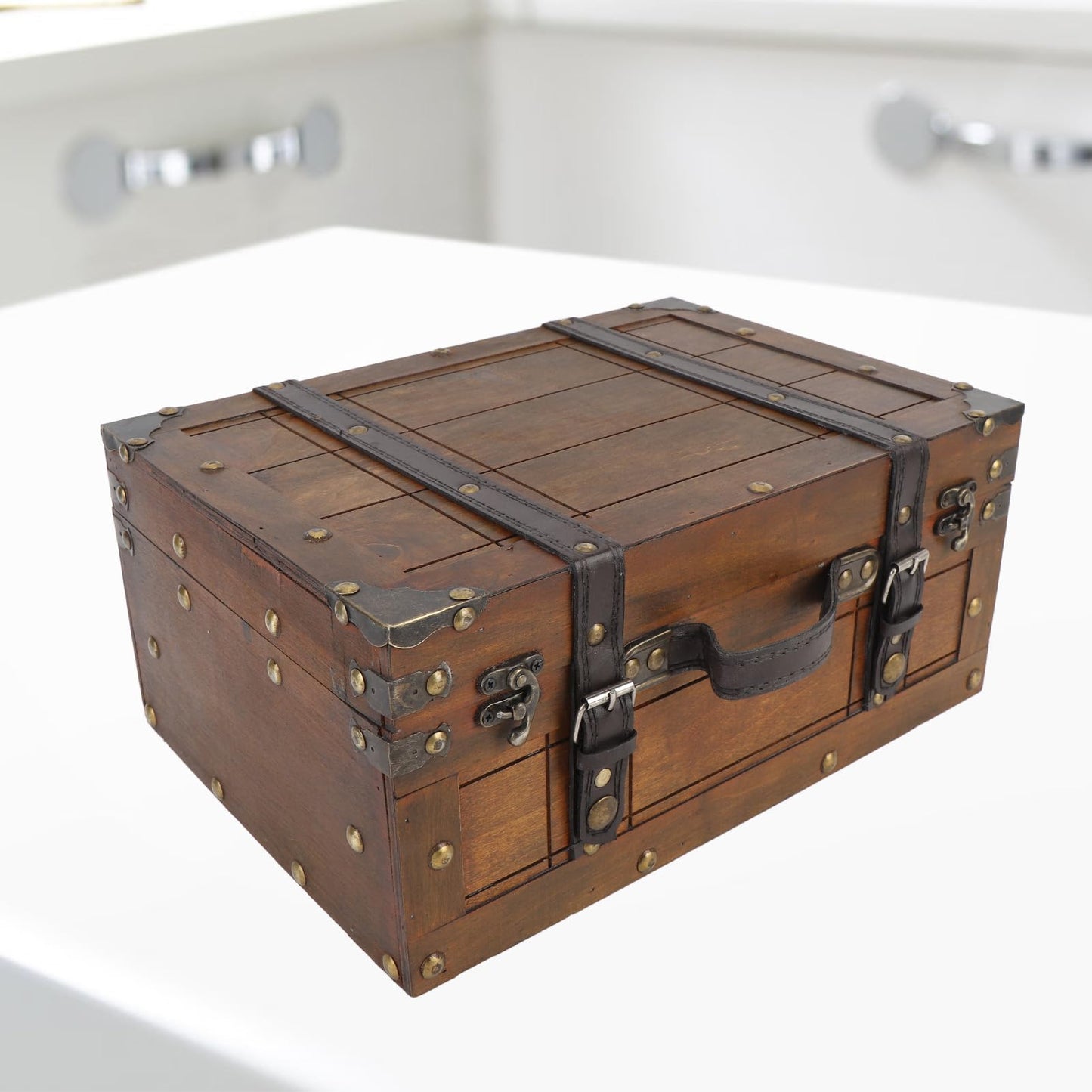 Fockety Pirate Treasure Chest Storage Box, 11-13in Vintage Wooden Treasure Chest with Hinged Lid