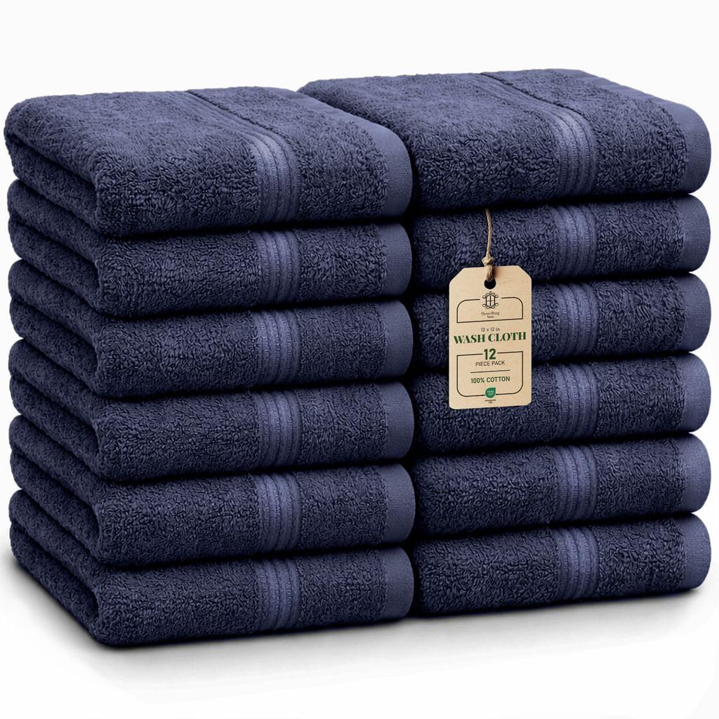 HomeBurg Luxe 12-Piece Washcloth Set - 100% Cotton, Soft & Absorbent, Easy Care, Premium Towels for Face & Daily Use, 30 x 30 cm, Navy Blue