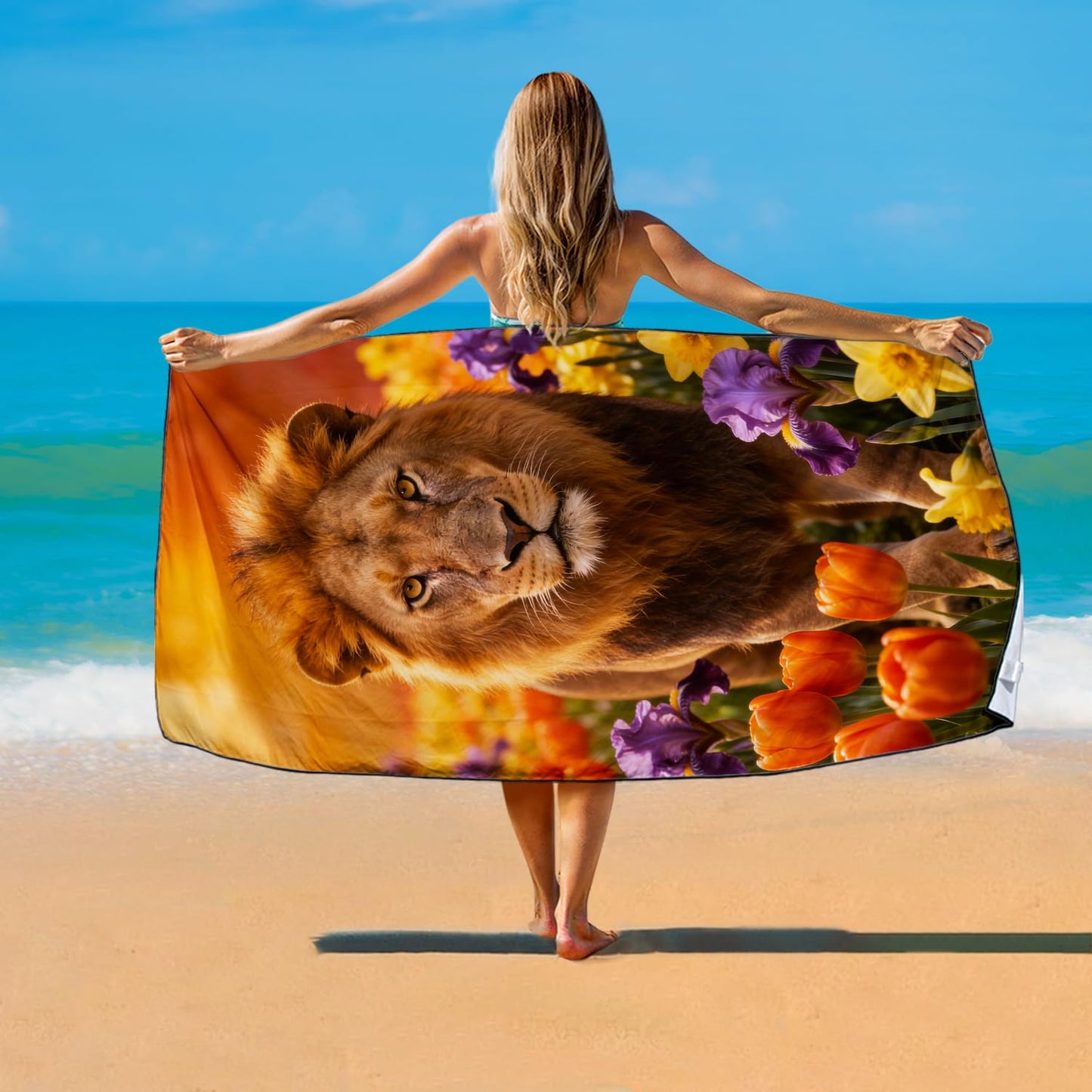 Violetpos Lion in Tulips & Irises Beach Towel, Extra Large 180x90 cm 250GSM Microfibre, Sand Free Quick Dry
