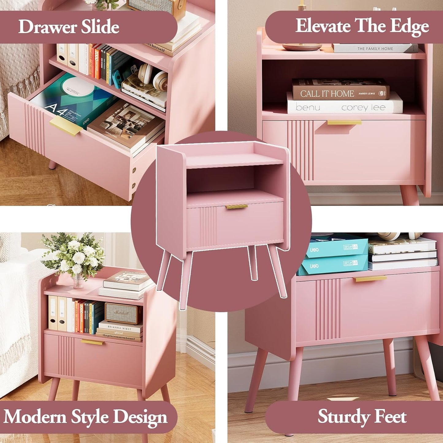 Bedside Table, Nightstand, Bed Side Table with Wood Decorated Drawers