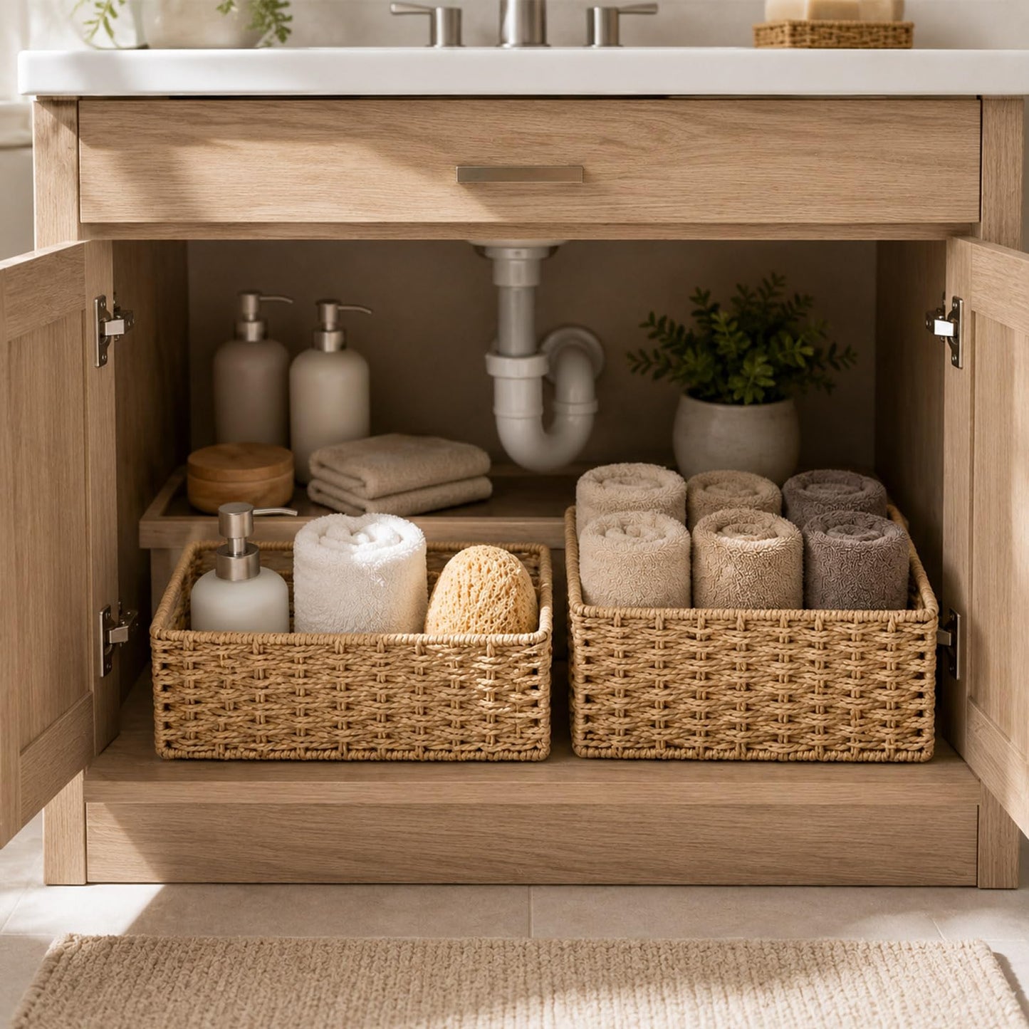 Wicker Bathroom Storage Baskets Set of 2 Seagrass Woven Organizer