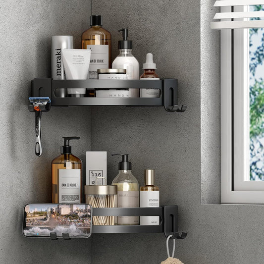 Voldra Corner Shower Caddy No Drilling, Shower Shelf Coner Adhesive Bathroom Corner Shelves with 4 Razor Hooks Corner Shelves No Drill Bathroom