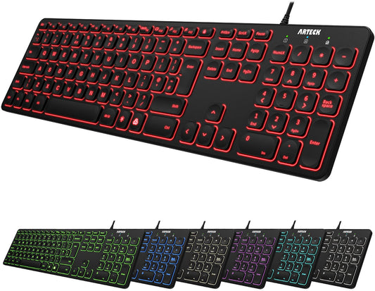 Arteck USB Wired Keyboard Universal Backlit 7-Colors & Adjustable Brightness Full Size Keyboard with 1.8M Wire, Numeric Keypad and Media Hotkey for