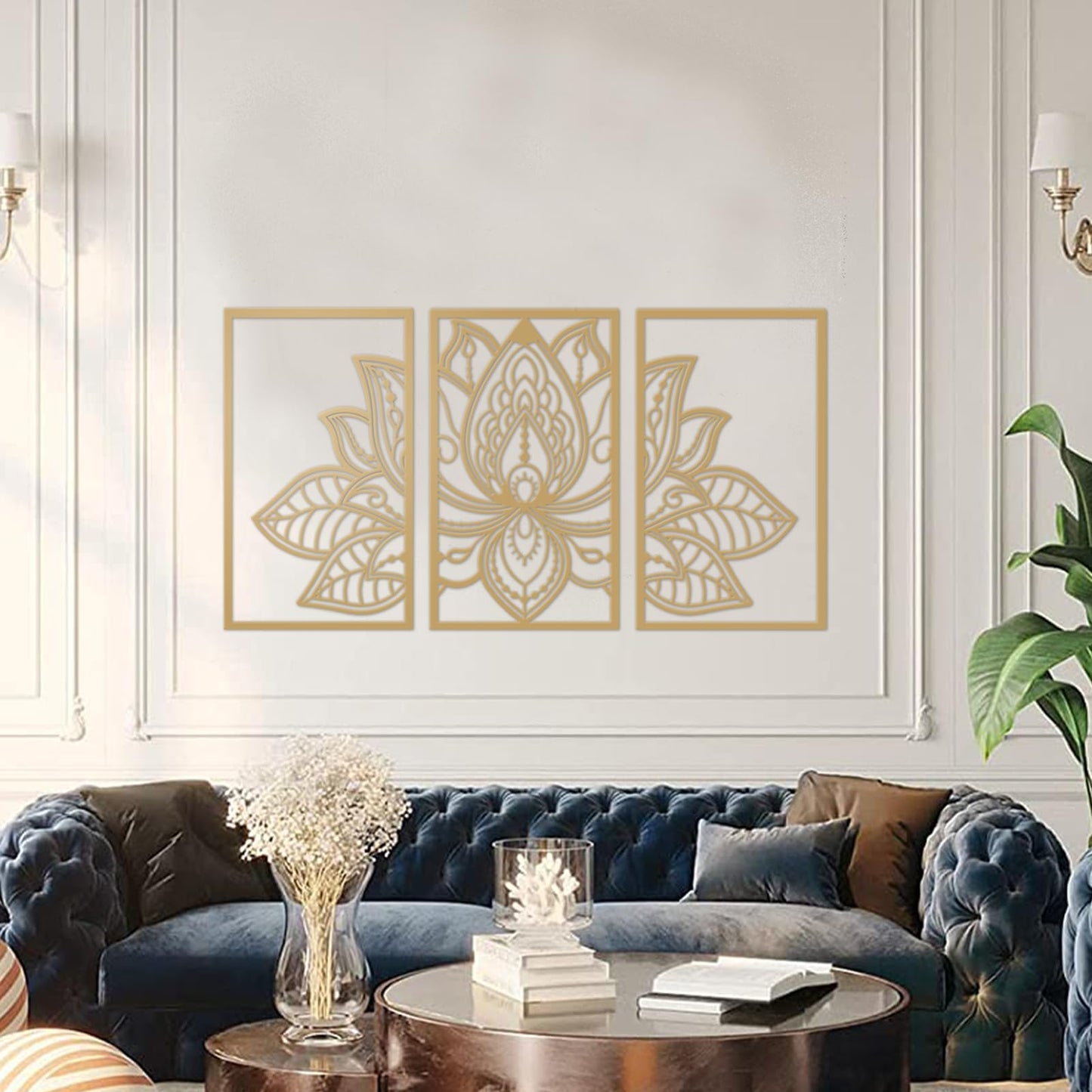 ESTART Large Lotus Flower Metal Wall Art 3-piece Set, Religion Faith Mandala Home Wall Decoration for Living Room, Bedroom, Office and Yoga Room