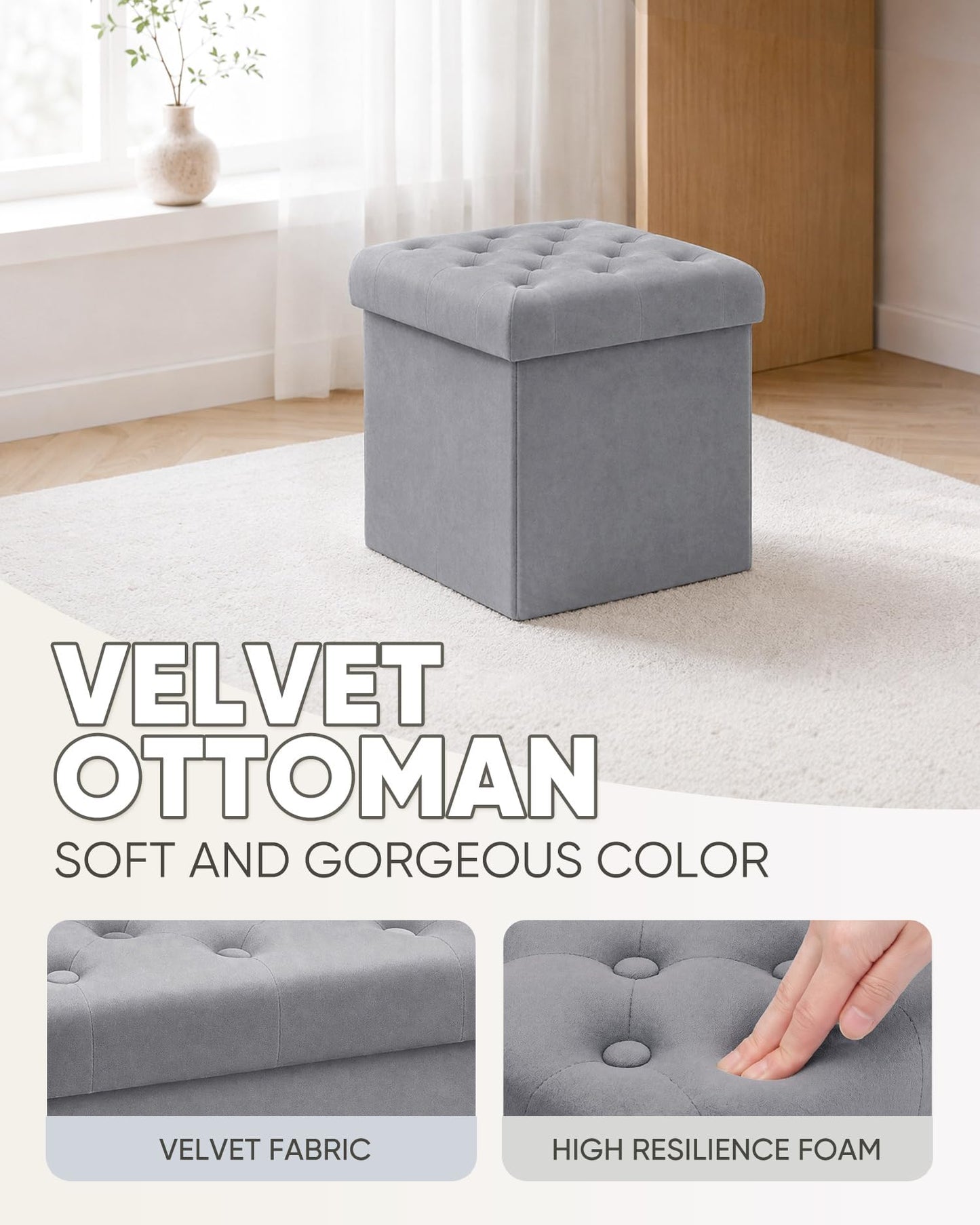 Bonlife Velvet Foldable Storage Ottoman Cube,Grey Footstool with Lid,40cm