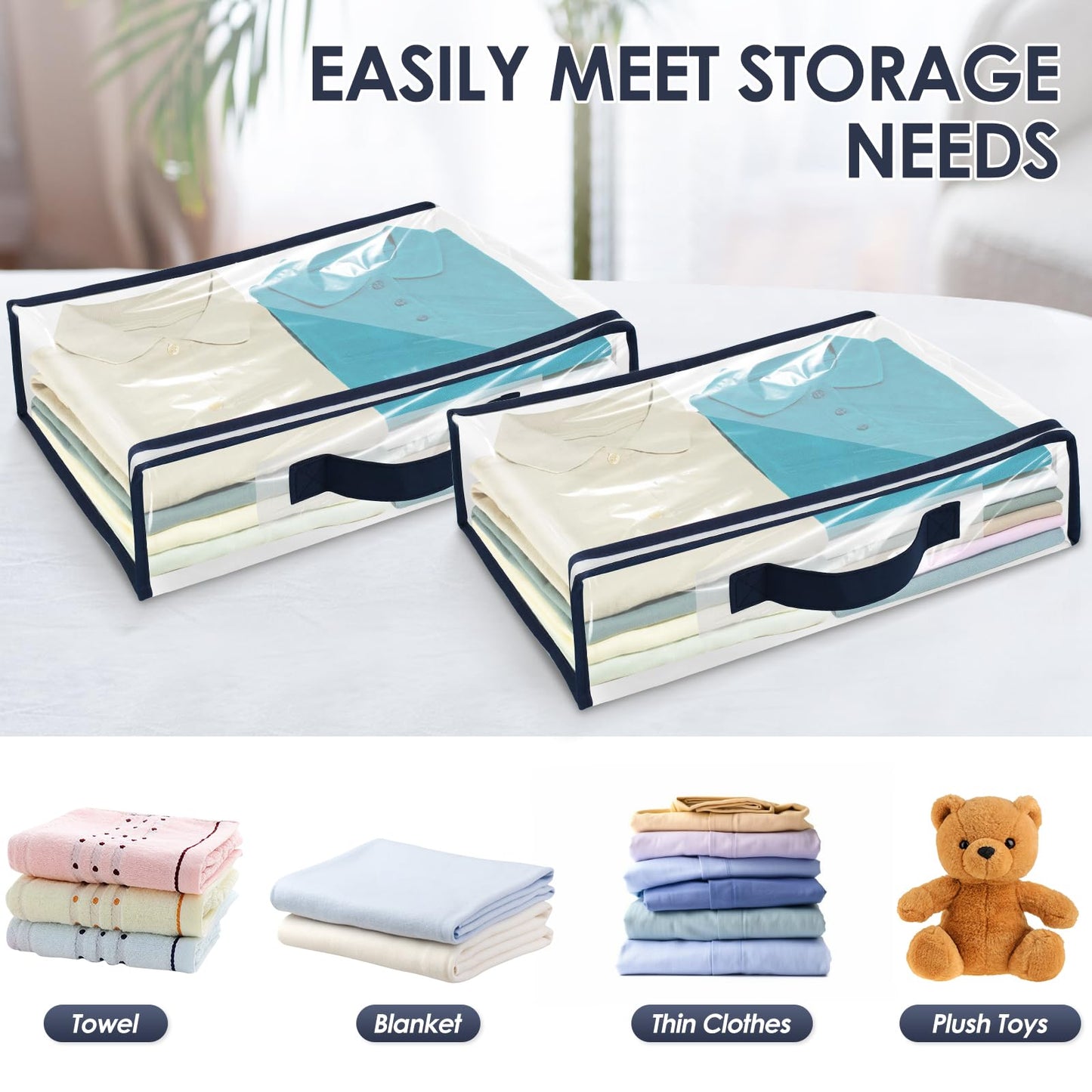 6 Pack Clear PVC Clothes Storage Bags with Zip Reinforced Handle Under Bed Bedding Organiser Blankets Storage Boxes Dustproof Transparent Moving