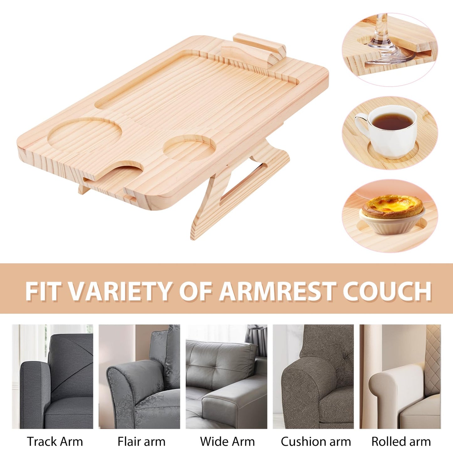 Natural Pine Sofa Armrest Tray,Drink Holder Arm with 360° Rotating Phone Stand. Holds Cups, Phones, Snacks, etc. Foldable & Clip-on Design