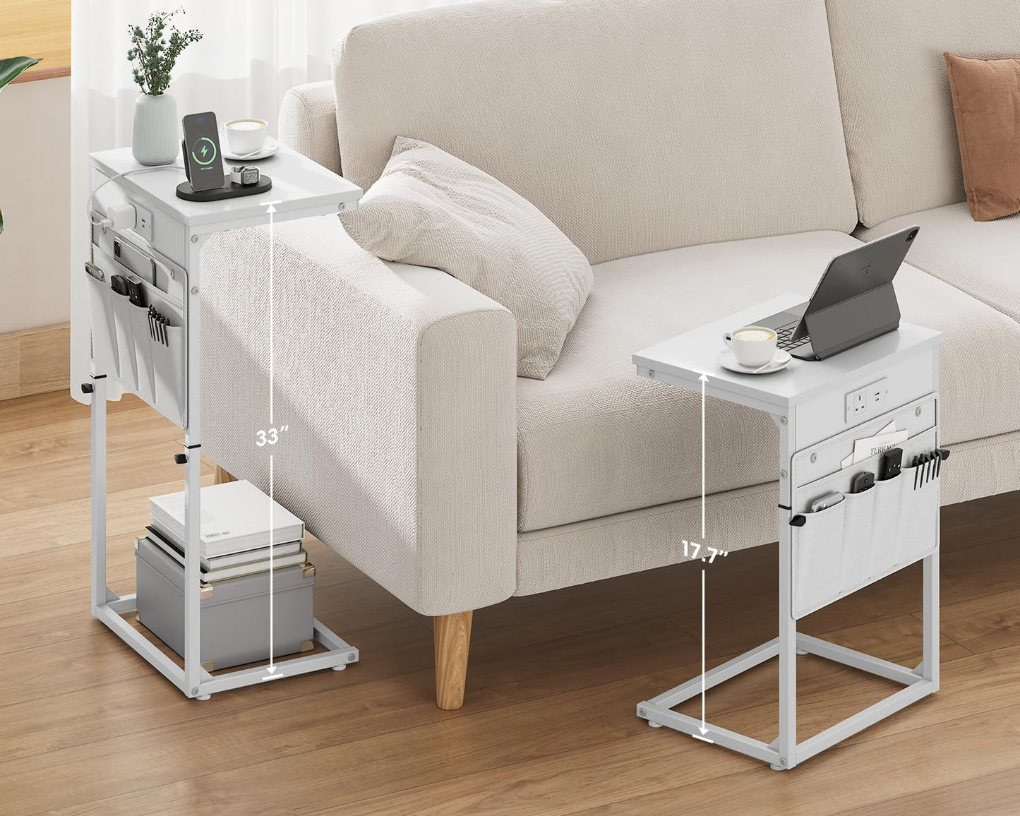 Vagusicc C-Shaped Side Table with Charging Station, Height Adjustable Sofa Side Table, Bedside Table, End Table for Small Spaces