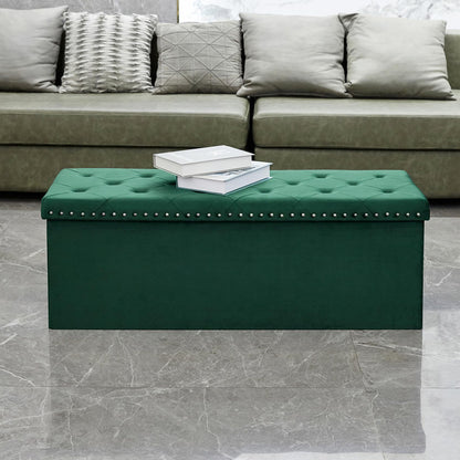 Bonlife Folding Ottoman Bench Seat with Storage,Extra Large End of Bed Storage with Lids,Velvet Footstool for Living Room,Dark Green,110x40x40cm