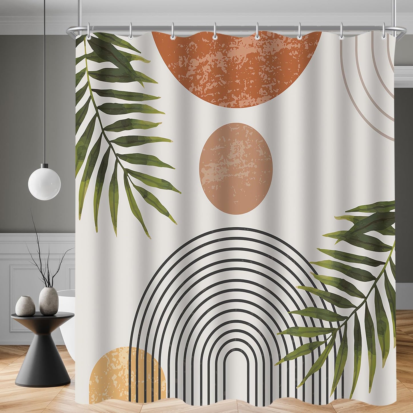 Lerores Shower Curtain 240 x 180 cm Leaves Line, Weighted Hem, Anti-Mould Textile, Water-Repellent, Washable Polyester Bath Curtains with 16 Eyelets