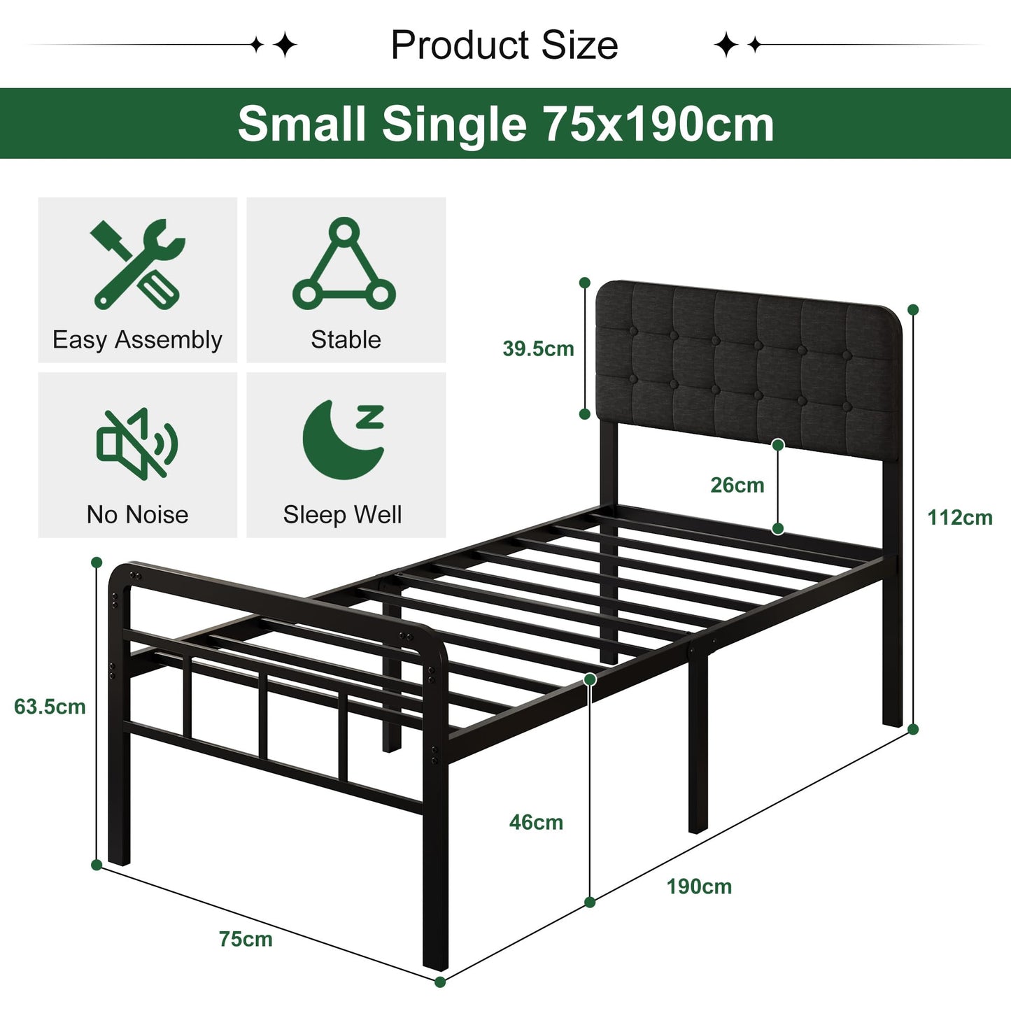 EMODA Small Single Bed Frame with Upholstered Headboard and Footboard