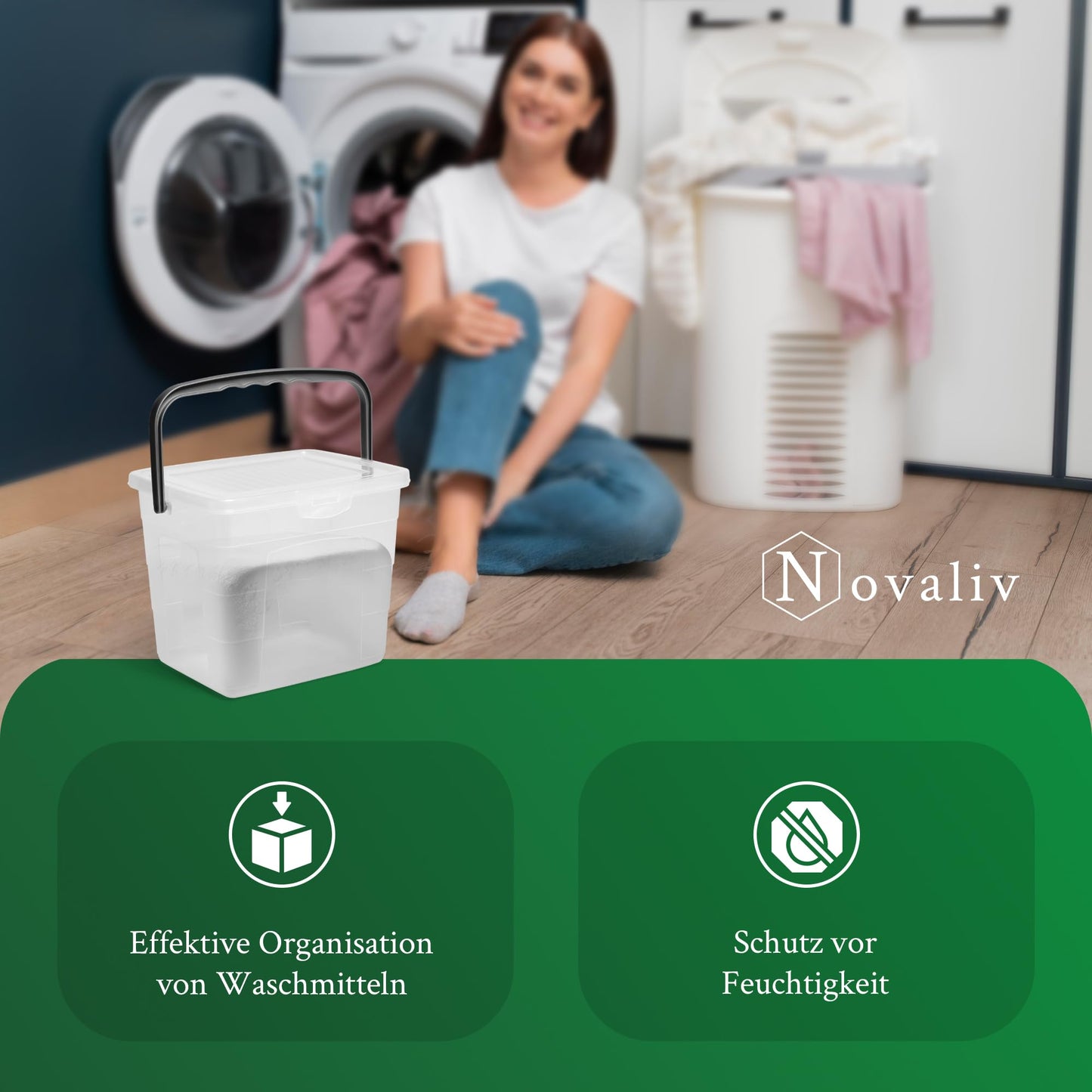 Novaliv Detergent Box with Lid 4 Litres I Transparent I 23.5 x 18 x 18.5 cm I Box Washing Powder Storage Box with Handle Detergent Storage Detergent