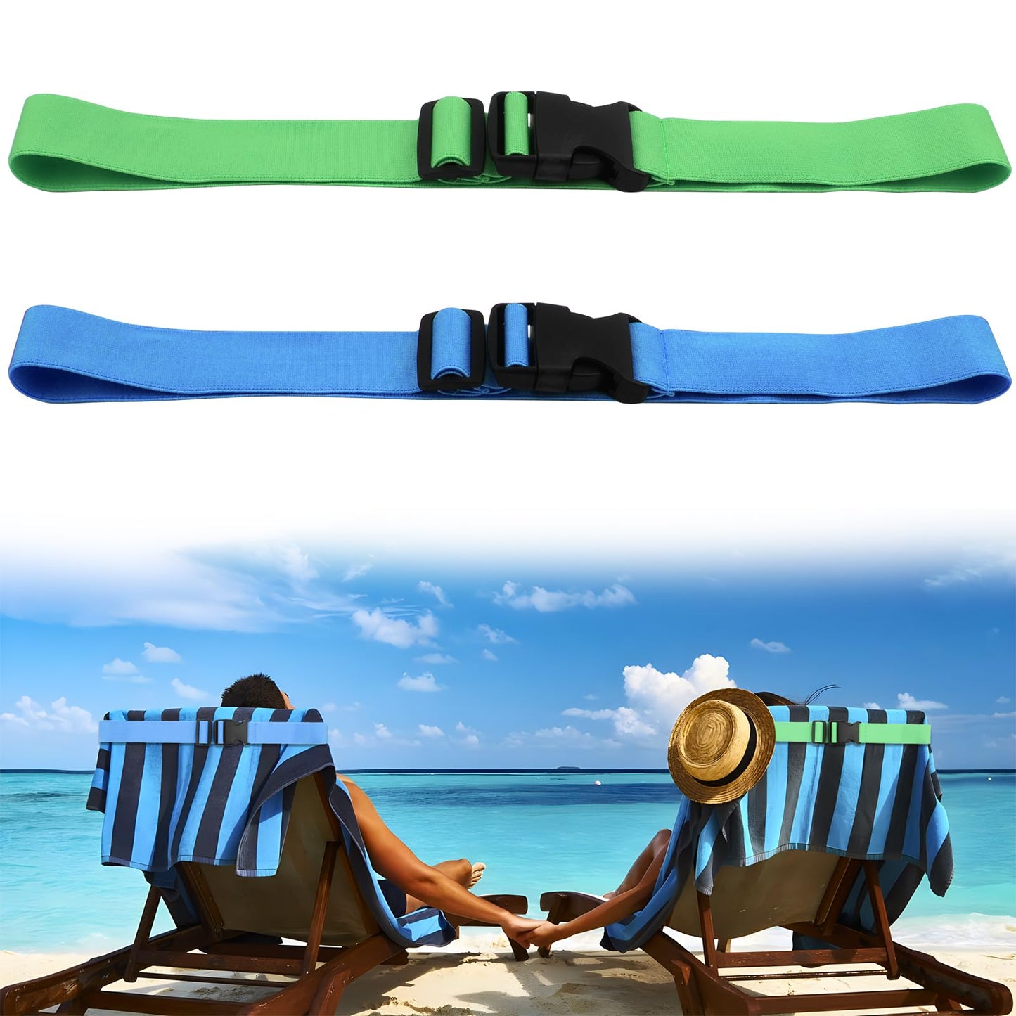 QOPAHI Adjustable Sun Lounger Straps with Buckle - Elastic Sunbed Towel Bands for Beach & Pool Chairs, Portable Towel Holders for Fix Beach Towels