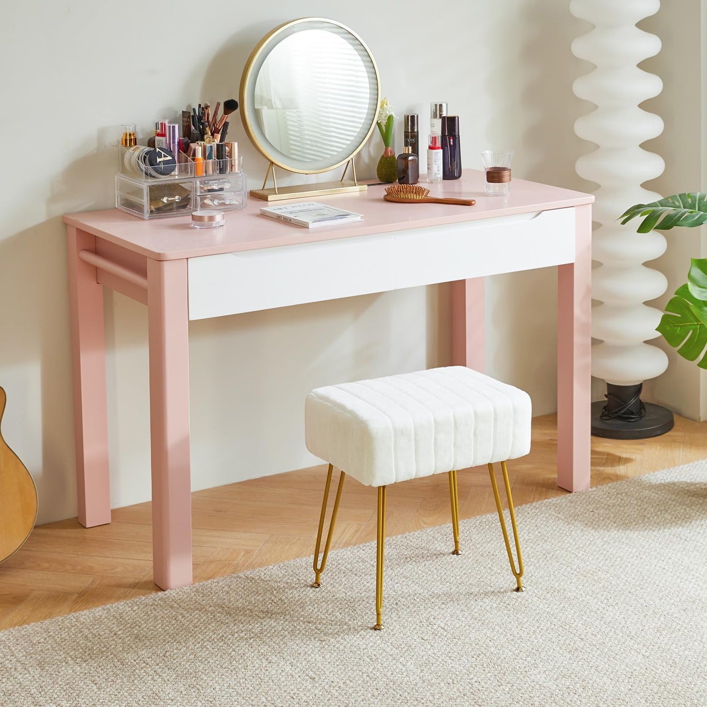 IBUYKE Makeup Vanity Stool, Velvet Rectangular Footrest, White L/G-51W