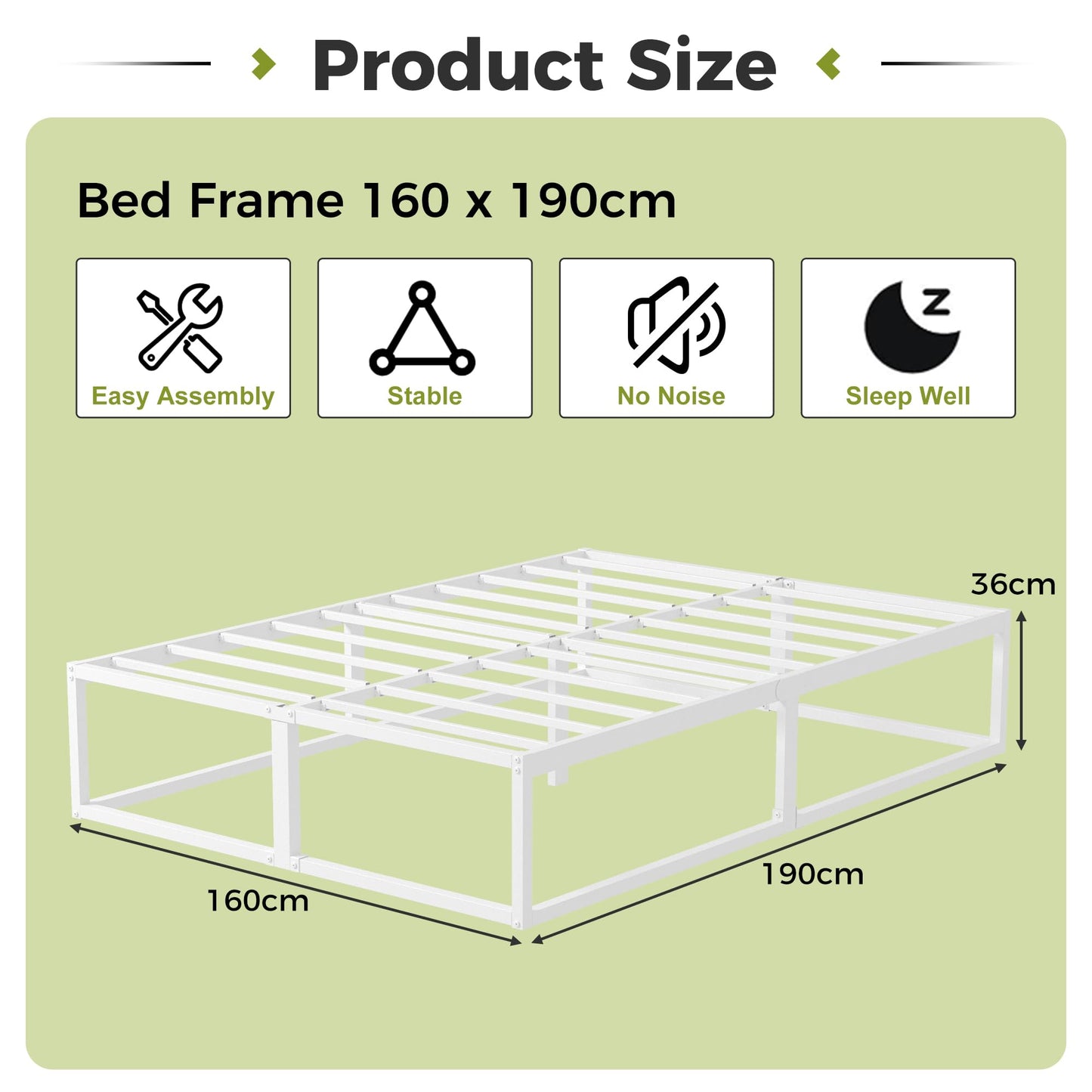EMODA Metal Bed Frame 36cm High with Steel Slats Support, 160 x 190cm Heavy Duty Bed Frame Solid Platform, Noise Free, Easy Assembly, White