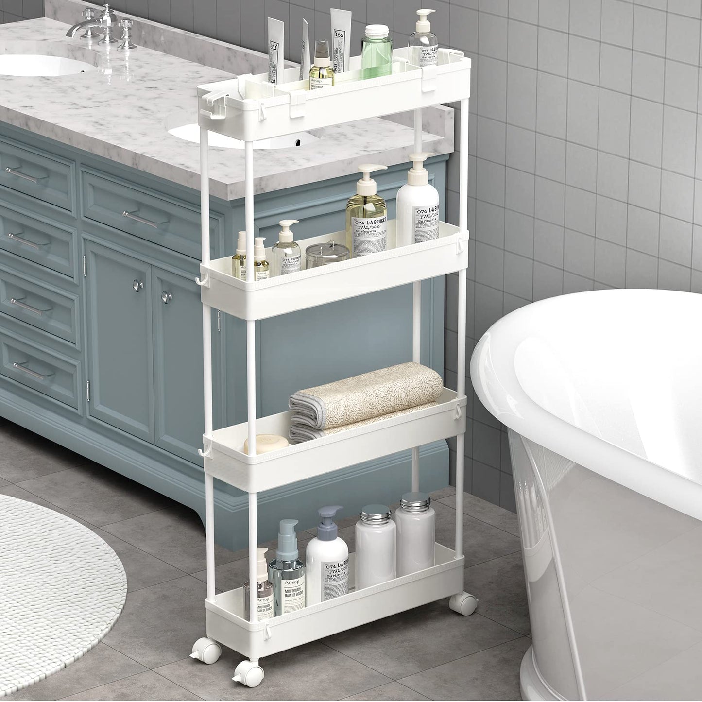 SAKA Slim Storage Cart,4 Tier Bathroom Rolling Utility Cart Storage Organizer Slide Out Cart
