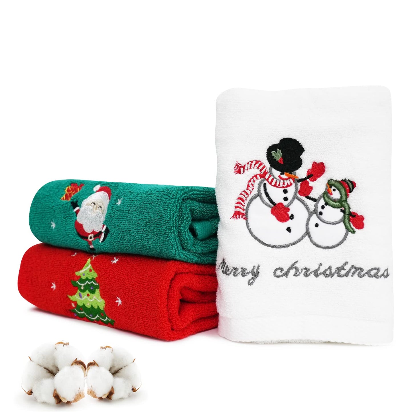 FreeCon Christmas Hand Towels 3 Pack, Cotton Dish Washcloth for Kitchen, Soft & Embroidered Bath Towel for Bathroom Super Absorbent, Cute Holiday