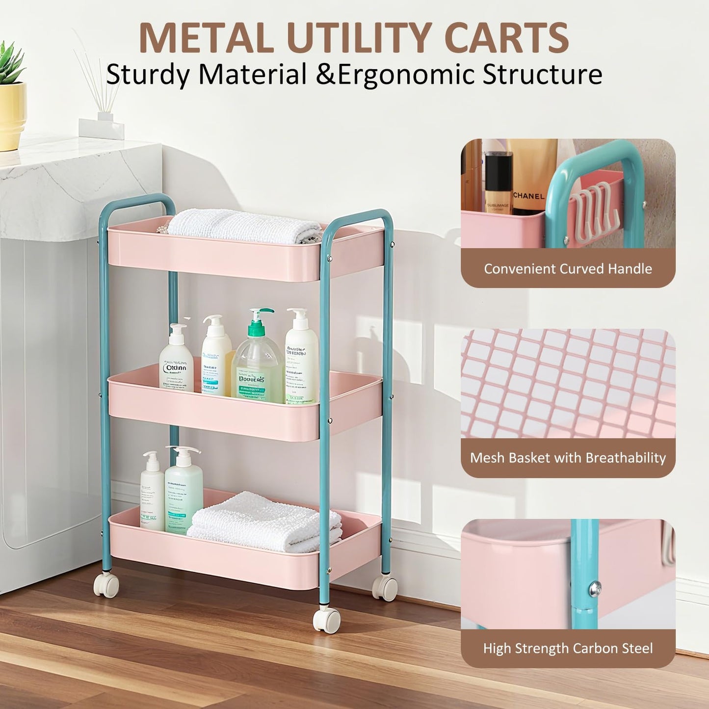 3 Tier Metal Storage Trolley on Wheels Kitchen Trolleys Utility Rolling Cart with Handle ,Mesh Storage Cart Bathroom Cart Veg Rack and Multi-Purpose