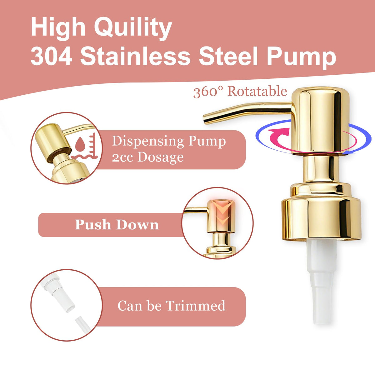 Pollock 2pcs Pump Dispenser Stainless Steel, Replacement for Standard Neck Size - 26-28 mm Thread Fits Most Hand Soap Dispenser Gold Brushed