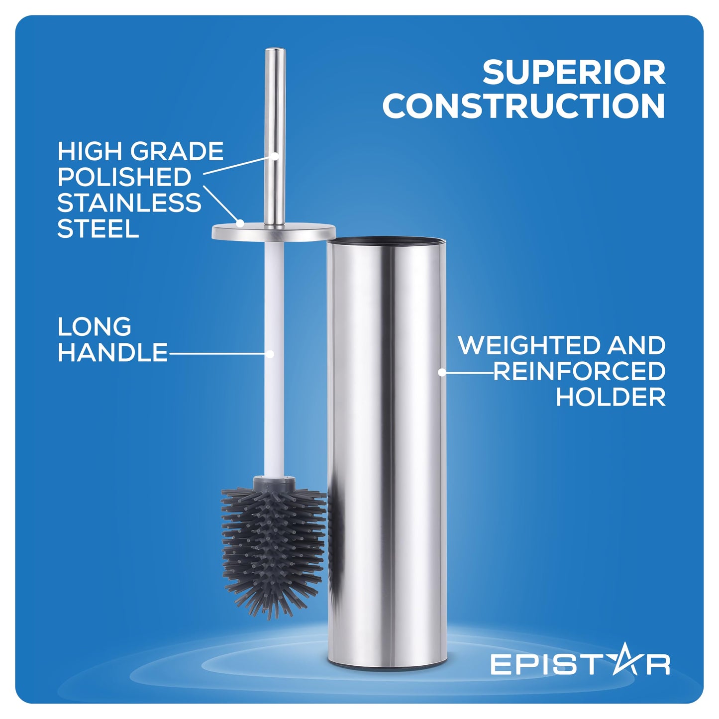 EPISTAR Silicone Toilet Brush & Holder Set - Stainless Steel - Replacement Heads Available - 45cm Tall - Toilet Brush Silicone with Long Handle