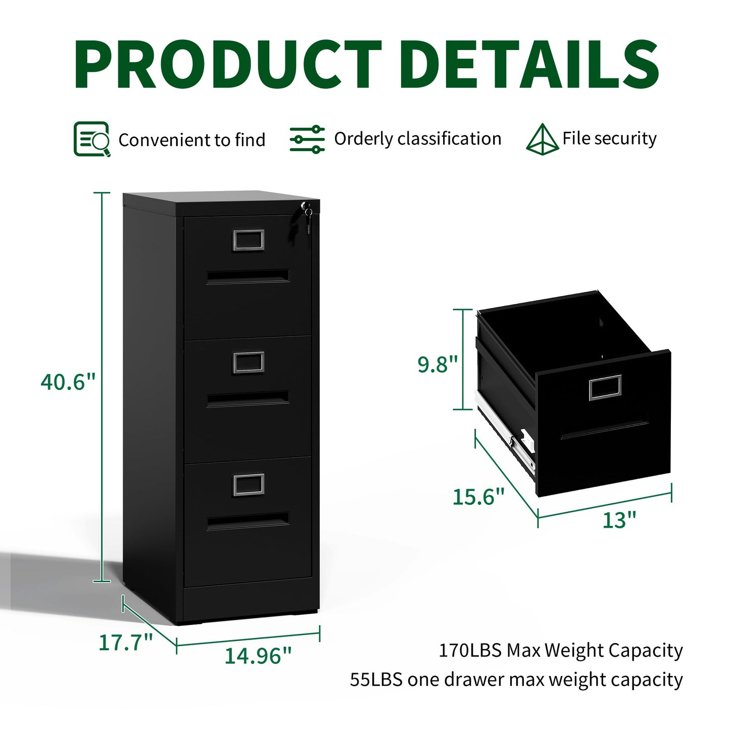 IKIMI Black Metal File Cabinet with 3 Drawer,Vertical File Cabinet with Lock for A4/Letter/Legal Size Files,Steel Filing Cabinets for Home