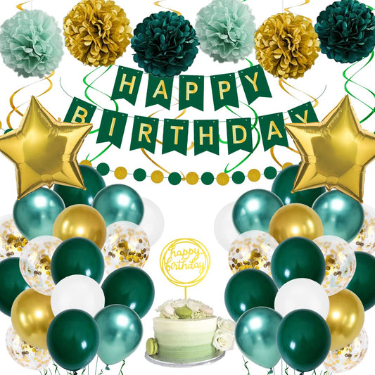 Birthday Decorations, Green Gold Birthday Party Decorations for Boy Girls Men Women, Green Balloons with Happy Birthday Banner, Paper Pompoms,