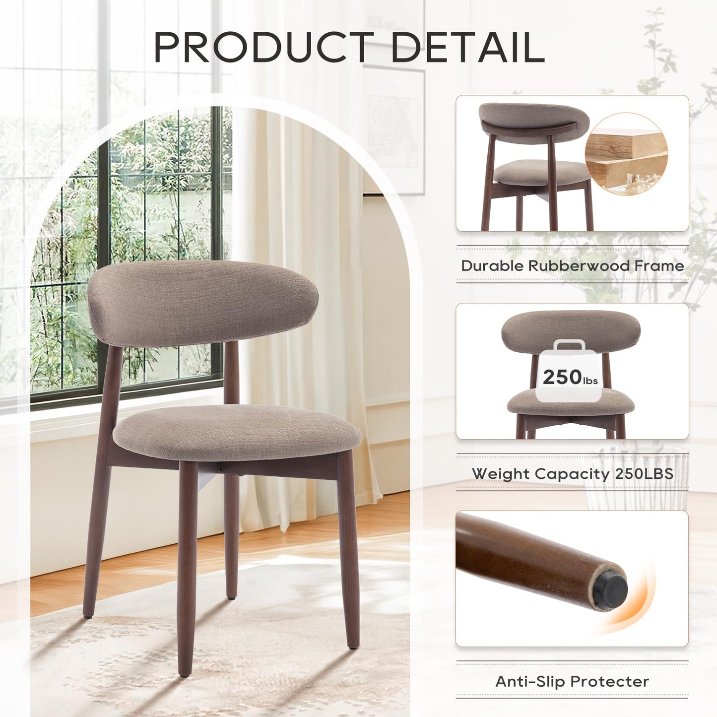 COLAMY Modern Dining Chairs Set with Wooden Legs – Upholstered Fabric Dining Room Chairs with Curved Backrest, Soft Cushion Seat