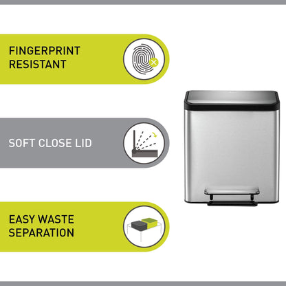 EKO Ecocasa Recycling Kitchen Bin 15+15Litre, Pedal Rubbish Bin with Two Removable Inner Buckets, Perfect for Kitchen & Home, Stainless Steel